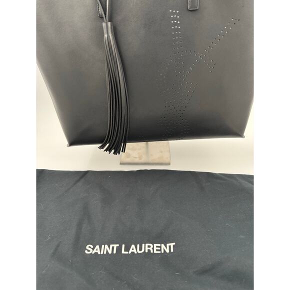 Saint Laurent Large Black Leather Perforated Logo Tote with Tassel – Full Set - Picture 3 of 9
